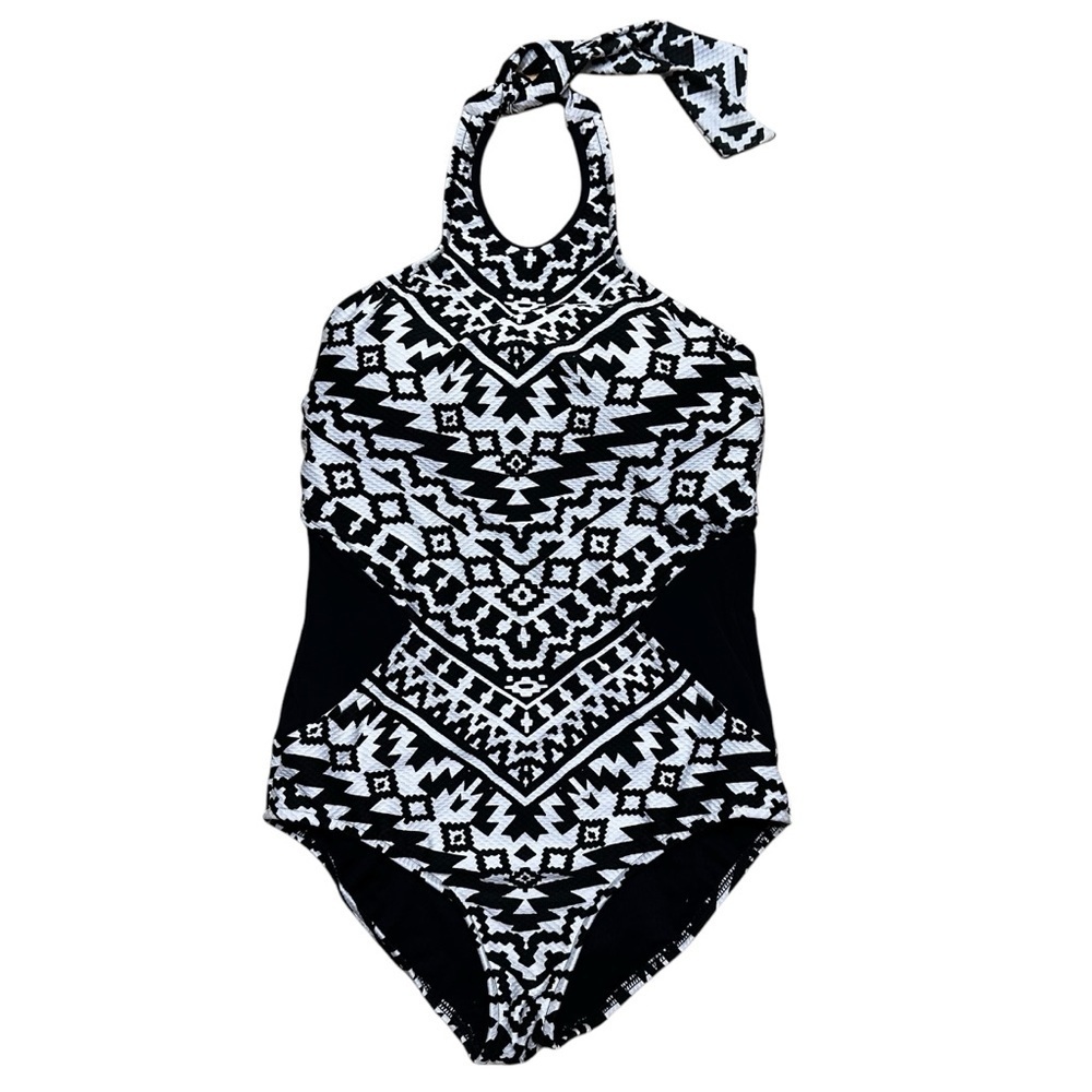 Seafolly Australia Kasbah High Neck Swimsuit Black White Aztec Size 8 US